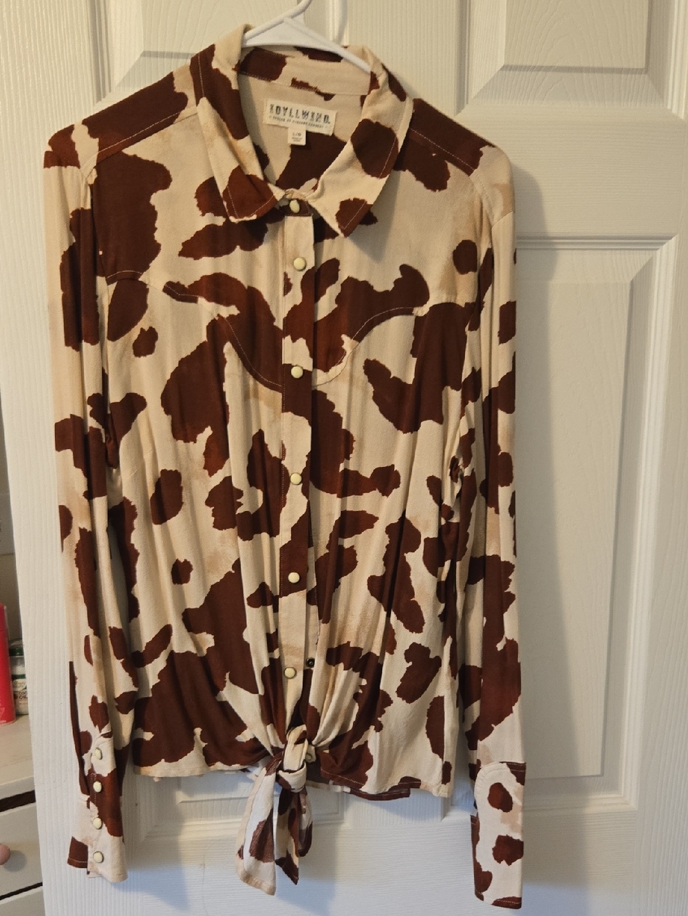 Idyllwind Cream and Brown Cow Print Button-Down Tie Front Top